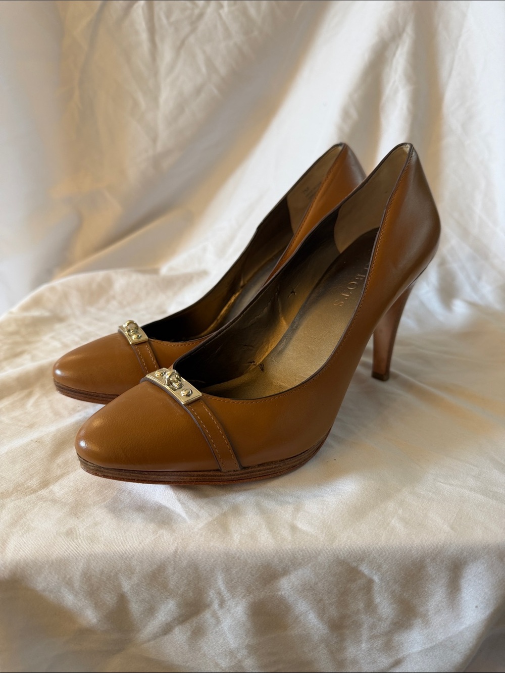 Talbots Brown Leather High Heel Pumps with Gold Accent